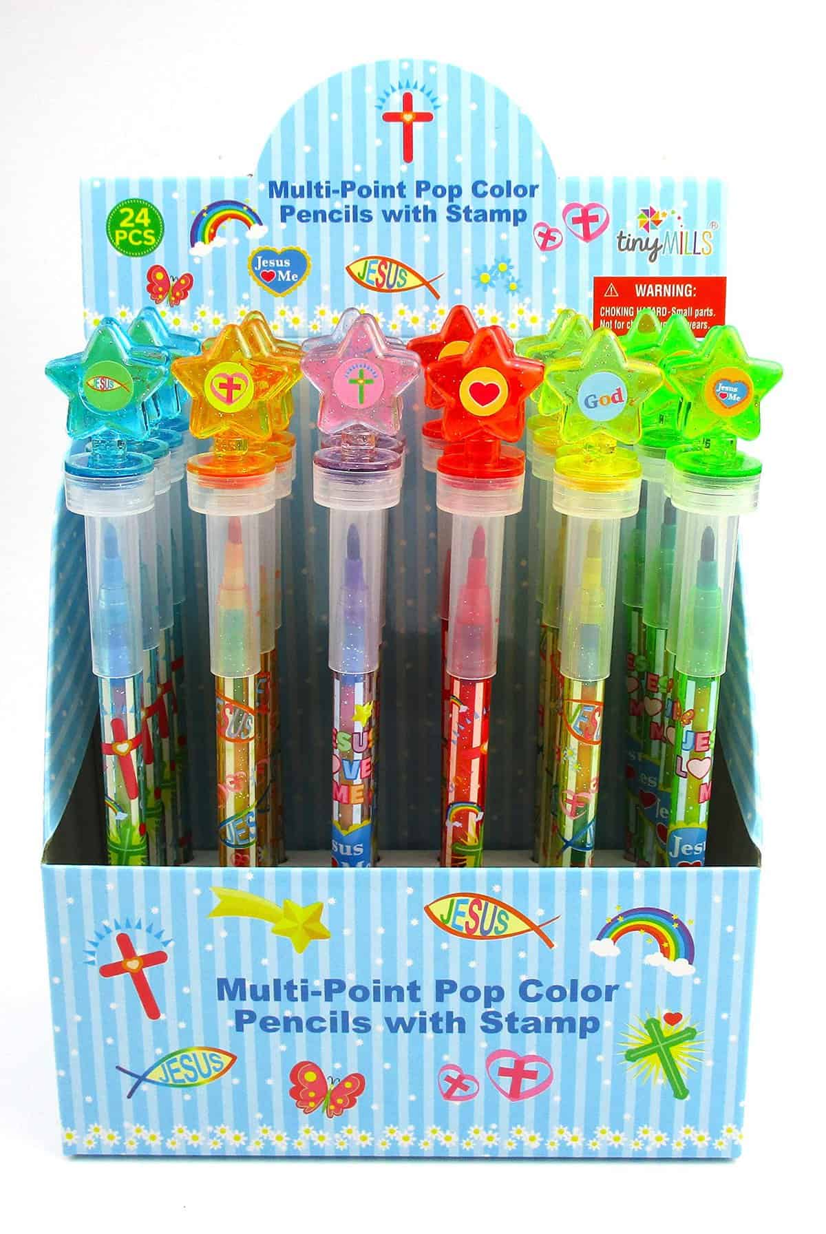 TINYMILLS 24 Pcs Religious Christian 2 in 1 Stackable Stacking Crayon with Extra Stamper Topper